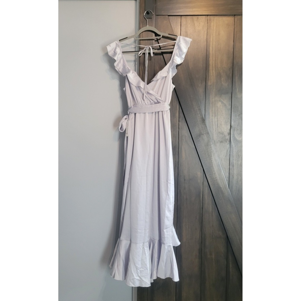 Show Me Your Mumu Samantha Ruffle Wrap Dress Luxe Satin Gray Medium NWT - Picture 2 of 6